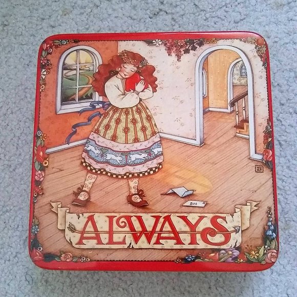 Vintage 1990s Mary Engelbreit "Always" Square Tin Hearts and Flowers - Picture 1 of 5